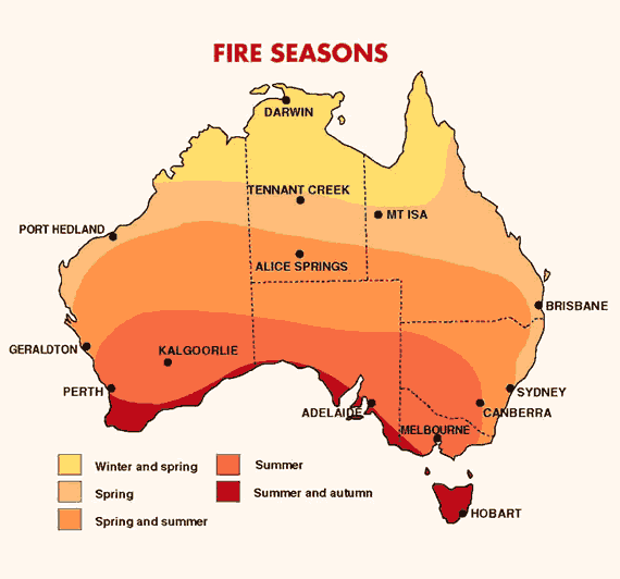 Map of Australia showing which parts of Australia experience their fire season at which time of year.